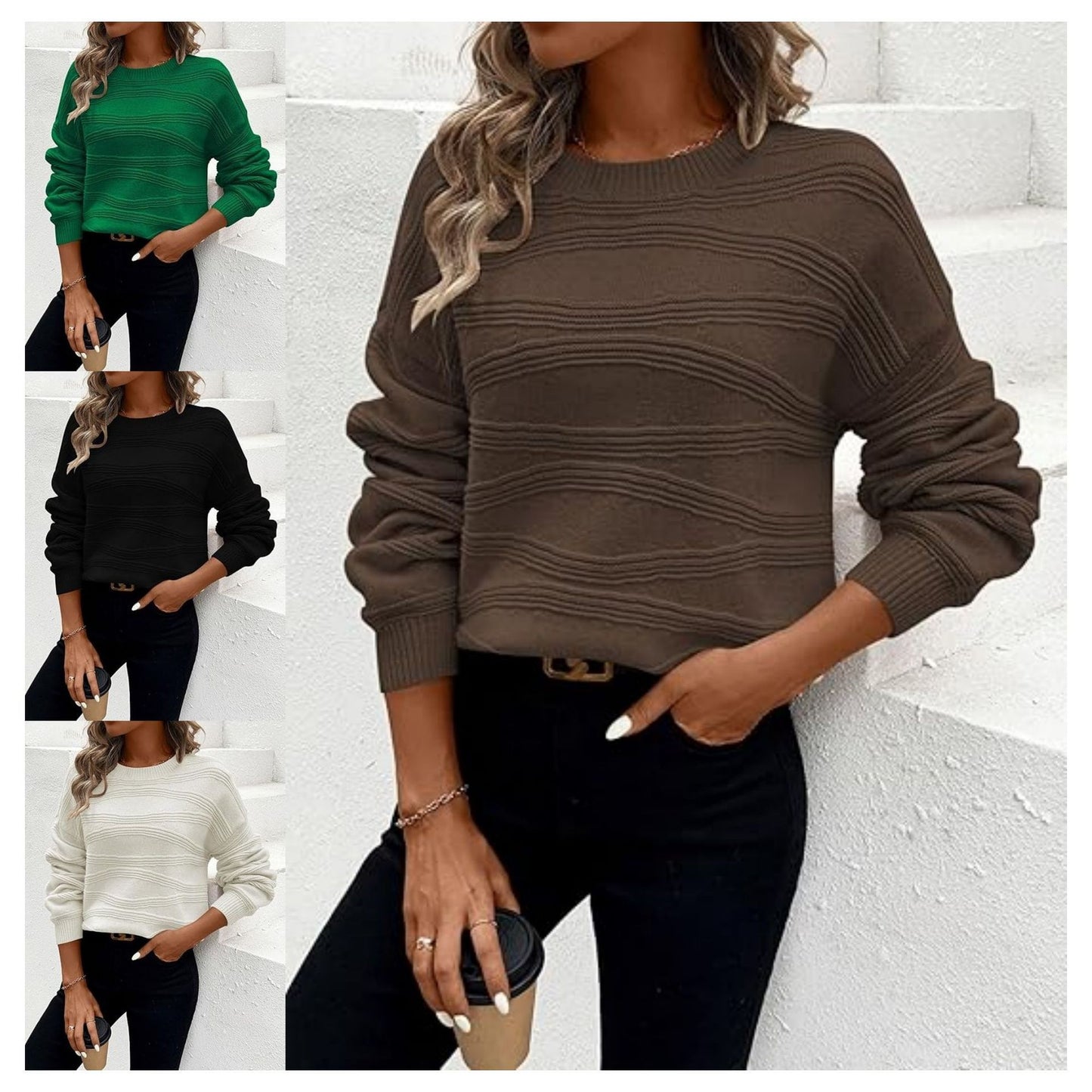 Corrugated Knitted Pullover Long-Sleeved Top