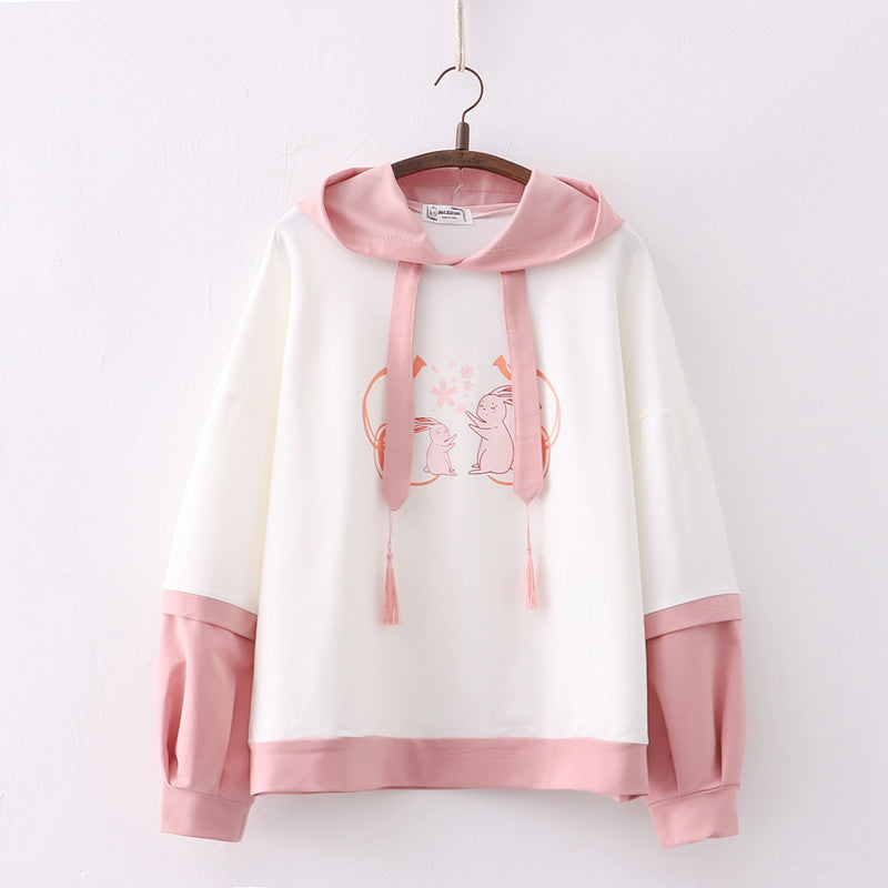 Cartoon Double Rabbit Print Hooded Student Hoodie