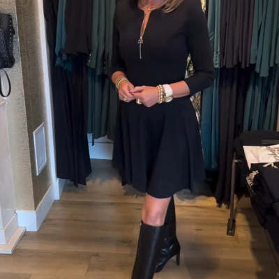 Women's Solid Color Slim Round Neck Long-sleeve Zipper Dress