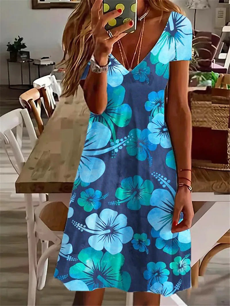 Plus Size Women's V-neck Vacation Style Printed Dress