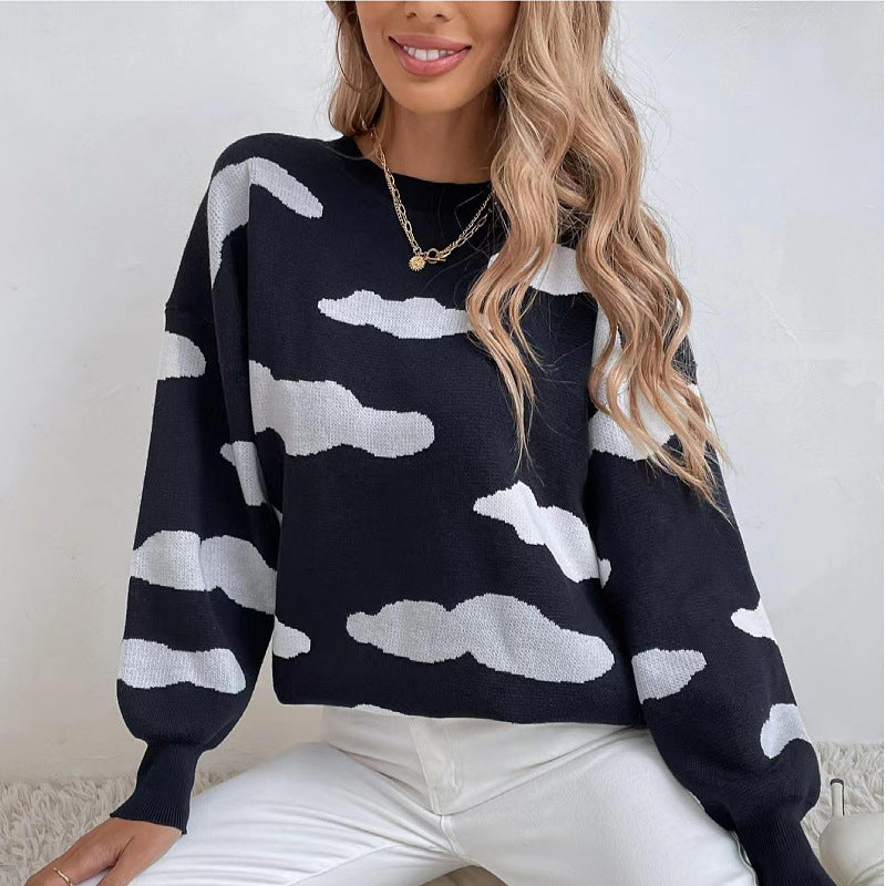 Color Clash Jacquard Sweater with Long Sleeve and Round Neck for Women's Fashion