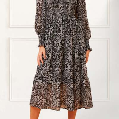 Women's French-Style Floral Print Dress, Waist-Controlled and Slimming with Long Sleeves