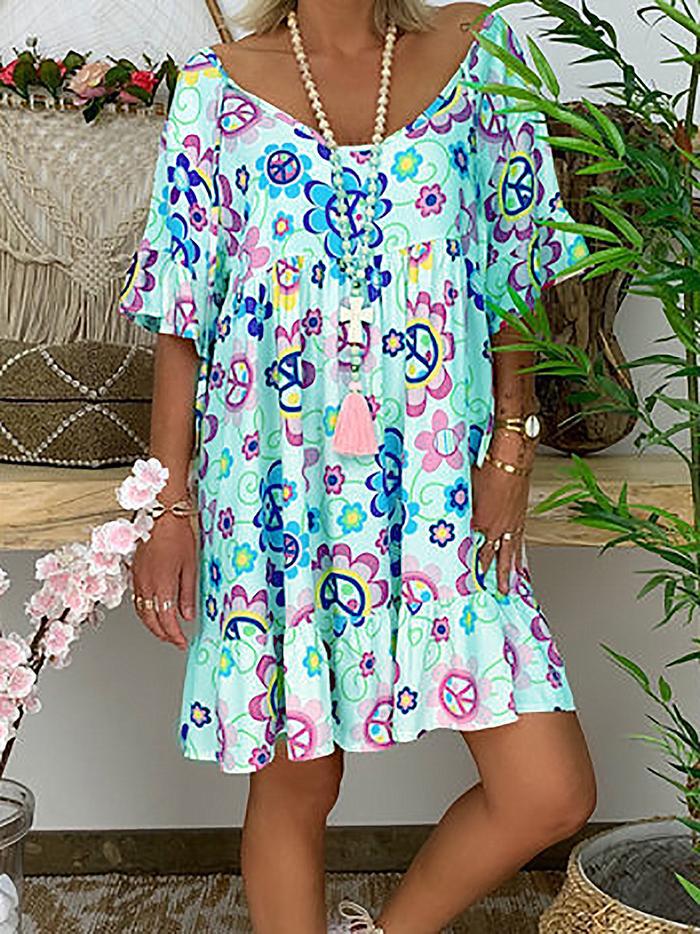 Printed round neck short sleeve ruffle dress