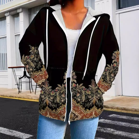 Plus Size Women's Hooded Coat with Ethnic Print