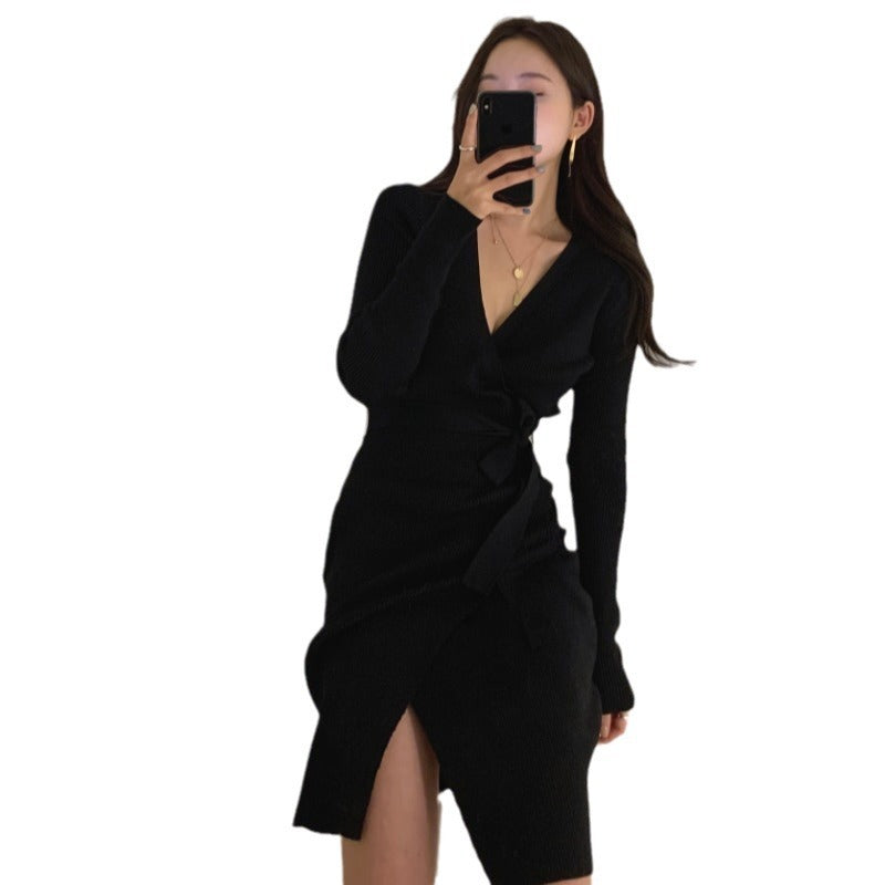 V-Neck Slit Knitted Dress Sweater with One-Step Skirt