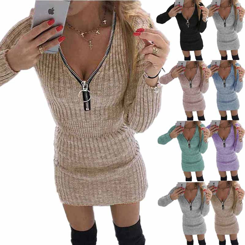 Zip Waist Long Sleeved Knitted Hip Dress