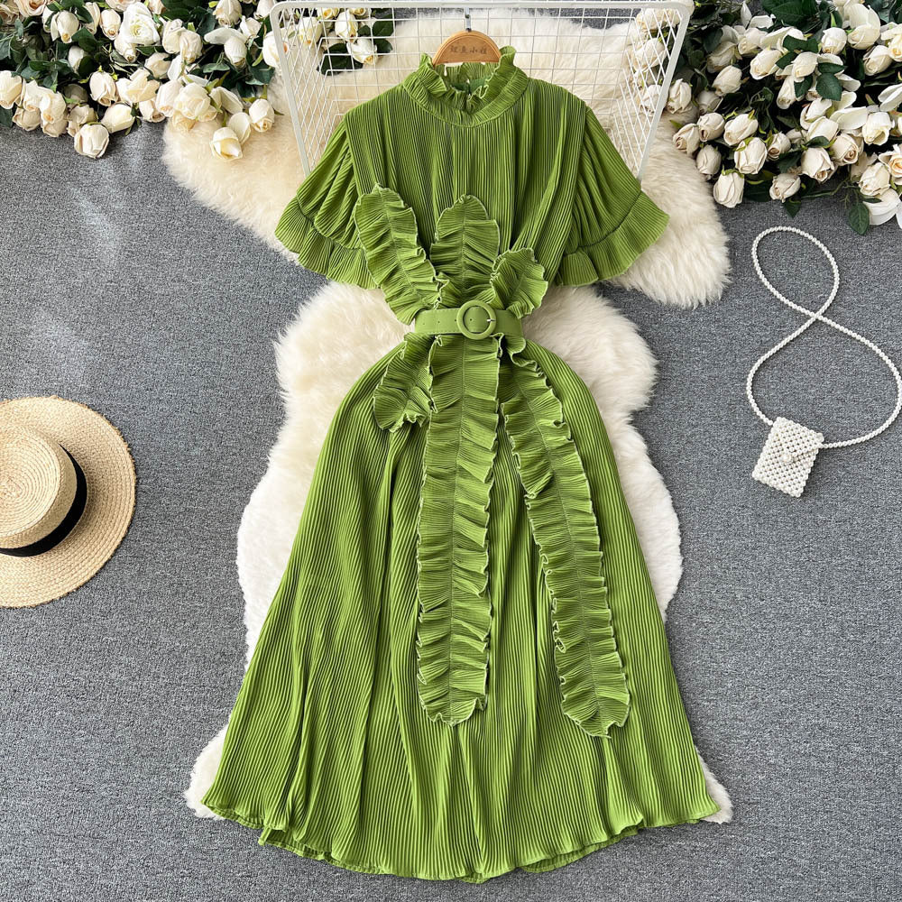 Pleated Ruffled Dress with Waist-Slimming Long Sleeves