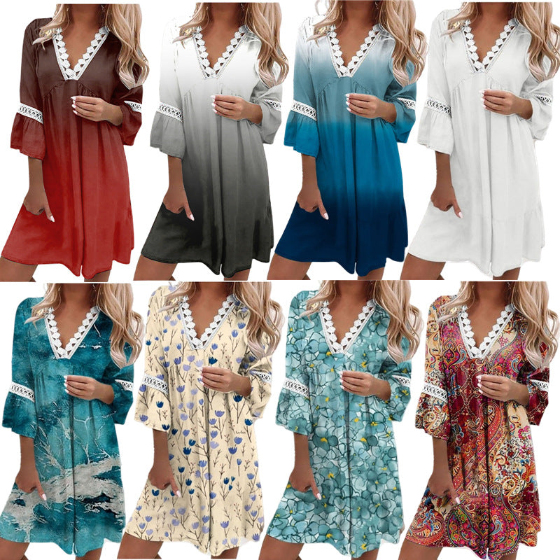 Women's Lace V-neck Patchwork Loose Casual Dress