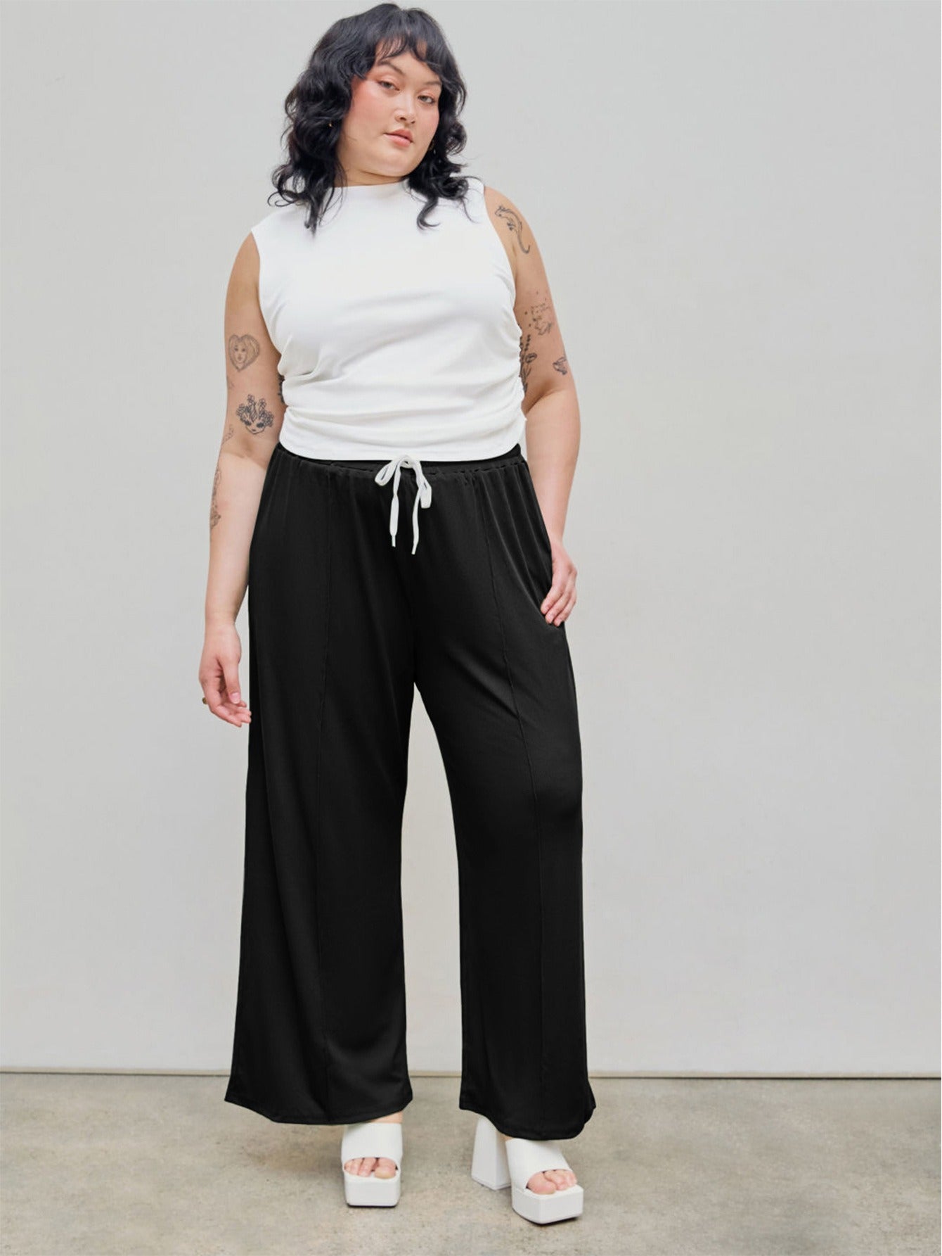 Autumn and winter elastic waist drawstring high waisted straight leg pants