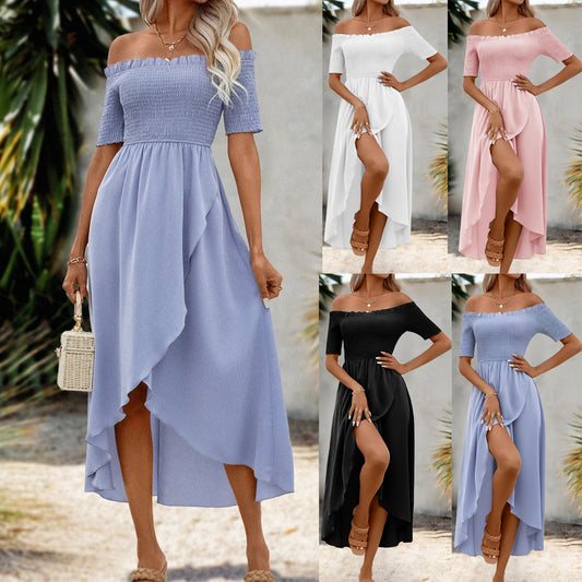 Solid Color Off-shoulder High Waist Slimming Long Dress