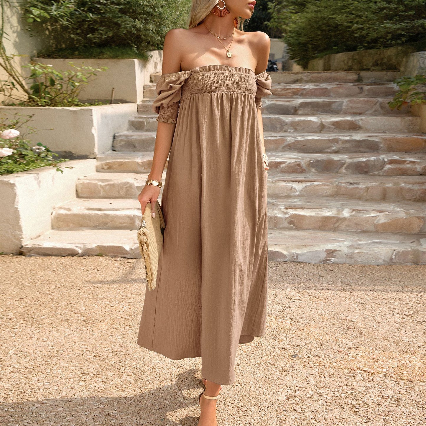 Elegant Solid Color Square Collar Long Dress