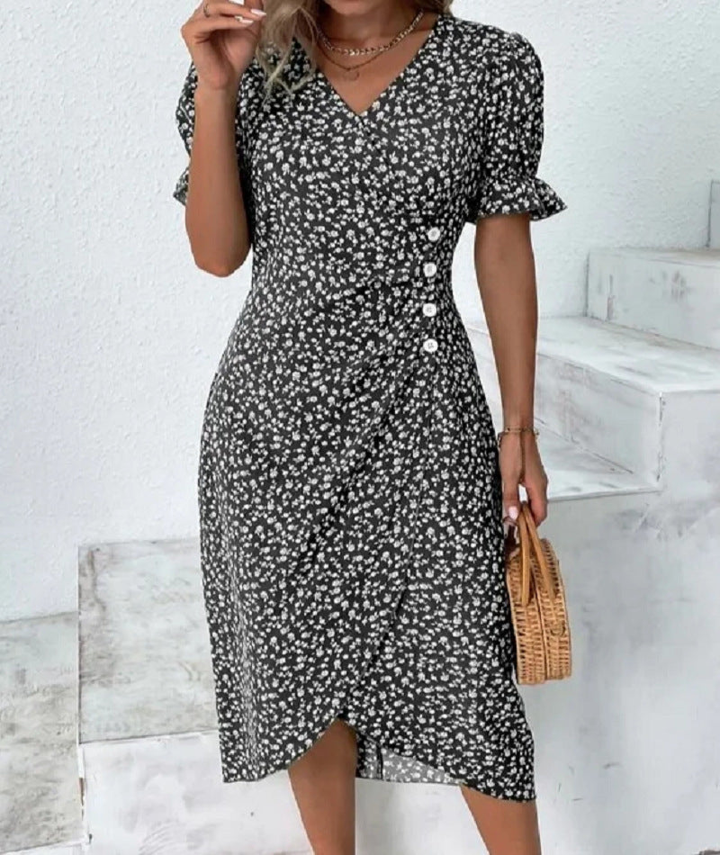 Stylish Women's V-neck Floral Hem Irregular Pattern Print Dress