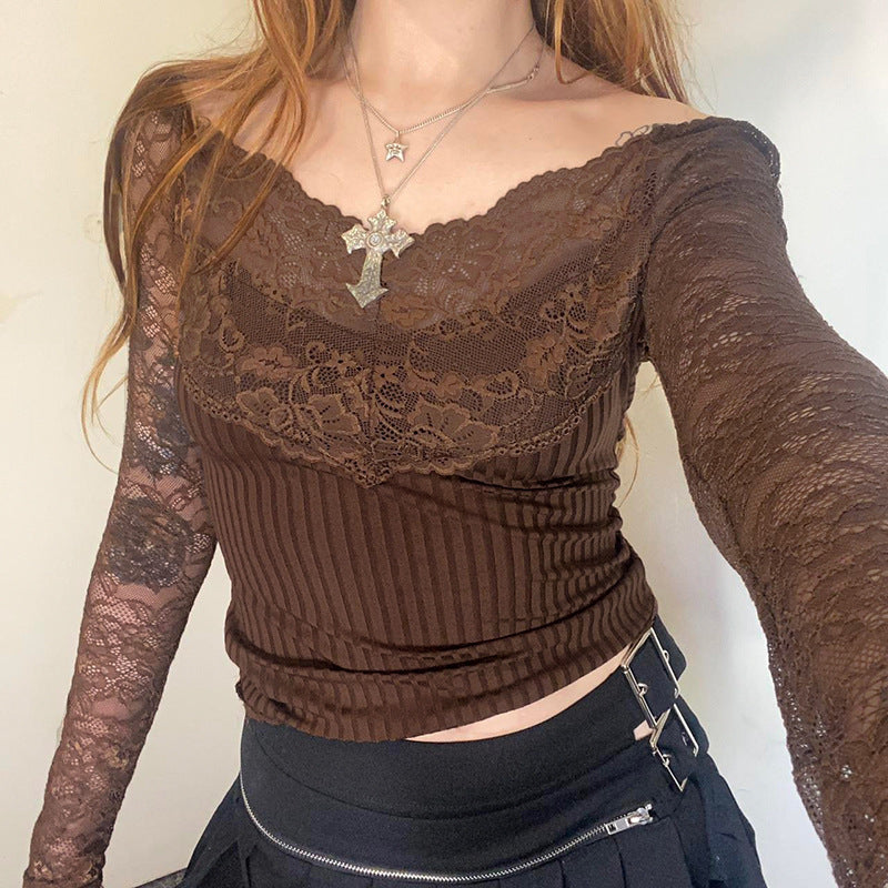 European and American V-Neck Lace Jacquard Knit Top for Women