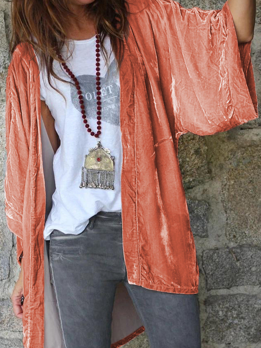Pink Vintage Velvet Wide Sleeve Cardigan Top Women's New Fashion Thin Coat