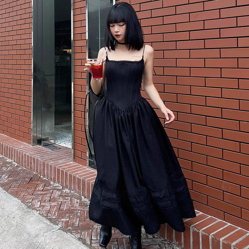 American Lace-up Bow Collar Solid Color Graceful Slip Dress Women