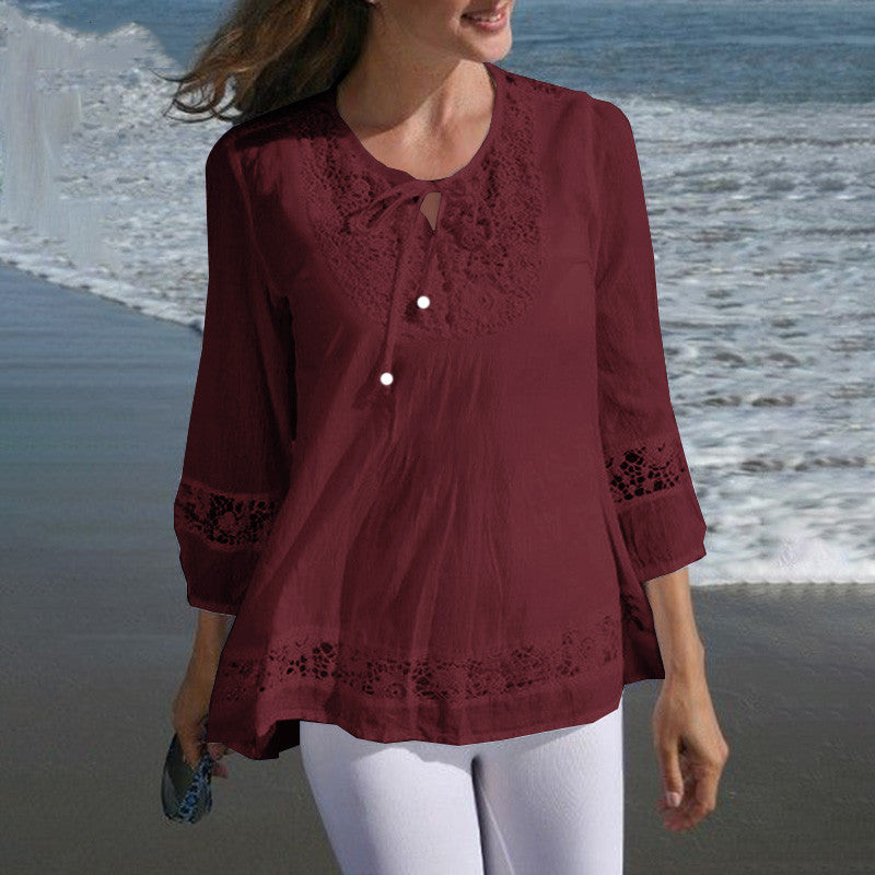 Temperament Sleeve Loose Women's Top: Cotton and Linen Stitching with Lace Detail