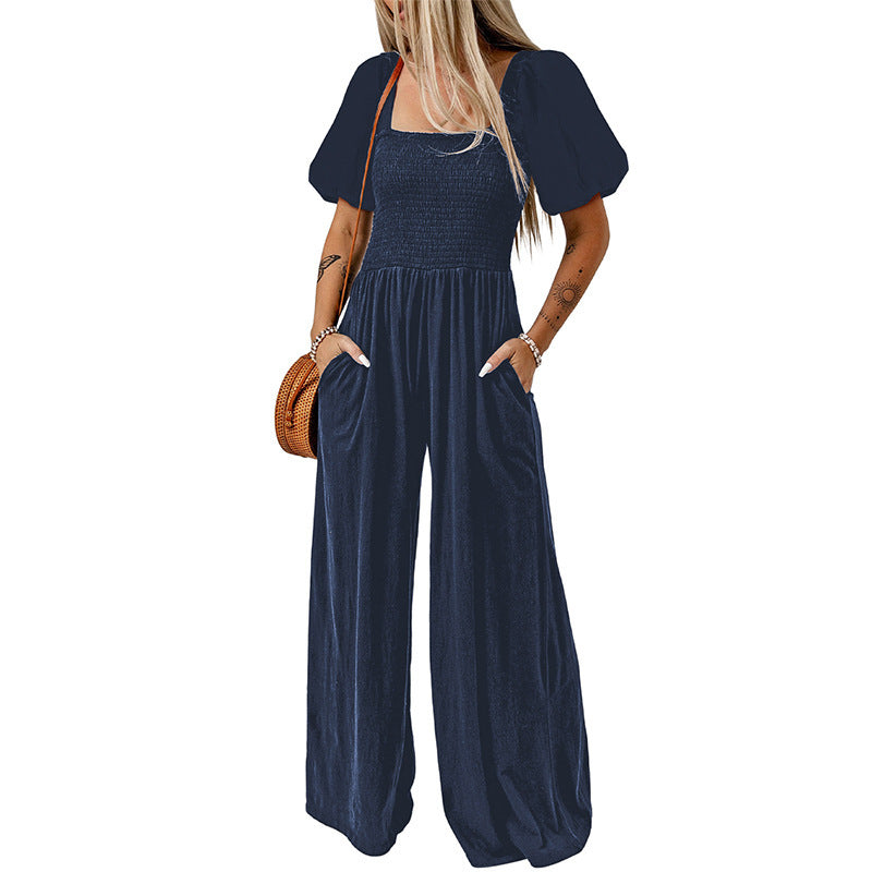 Women's Short Sleeve Jumpsuit with Square Collar