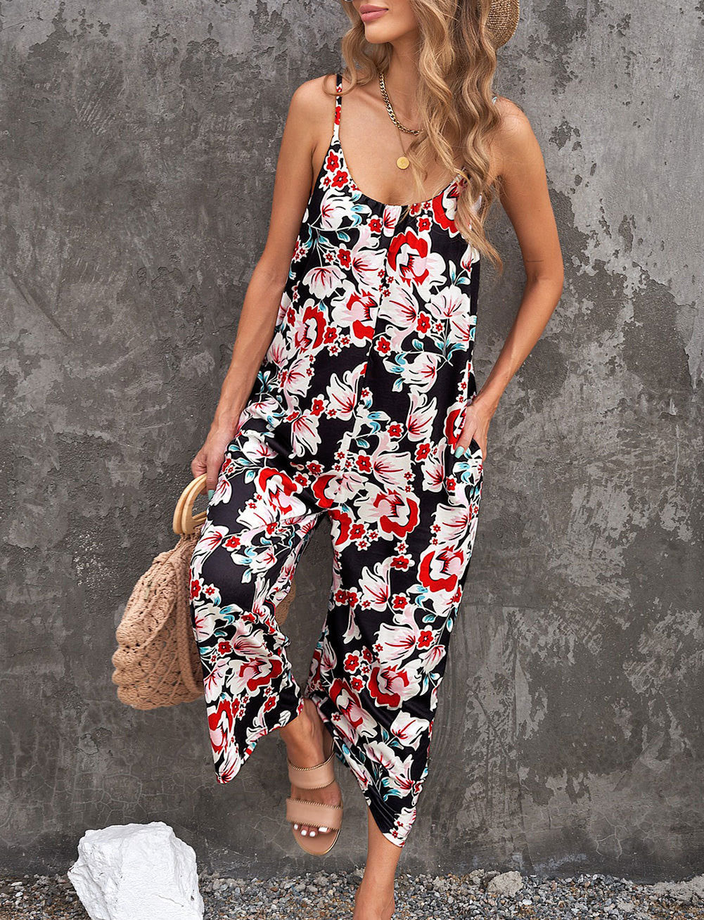 Printed Camisole Strap Jumpsuit with Fashionable Temperament for Women