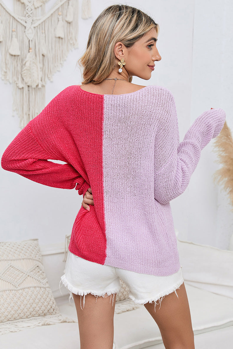 Knitted Long-Sleeved Top with New Color Matching: V-Neck Pullover Sweater