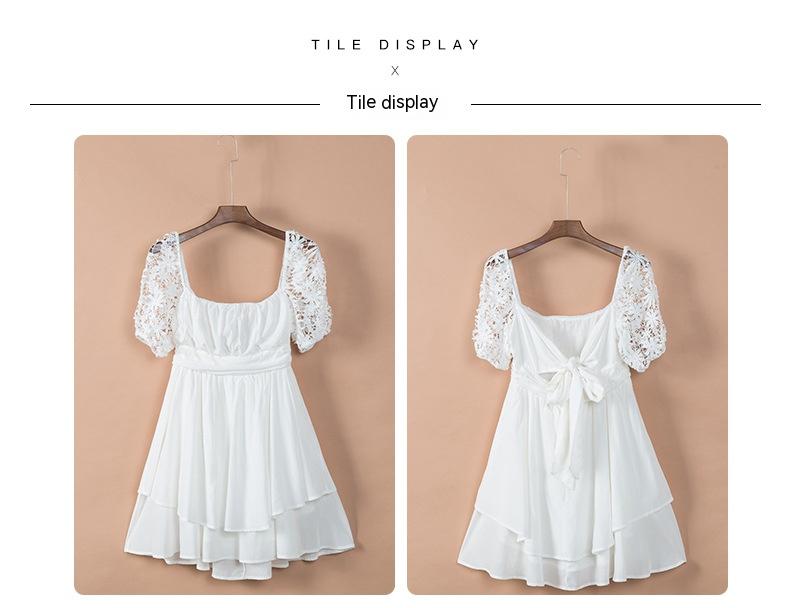 Lace Strap Solid Color Square Collar Backless Low Collar Waist Dress