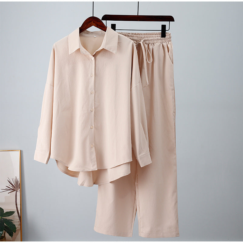 New Loose Elastic Wrinkle Long-Sleeved Shirt and Wide-Leg Pants Casual Suit