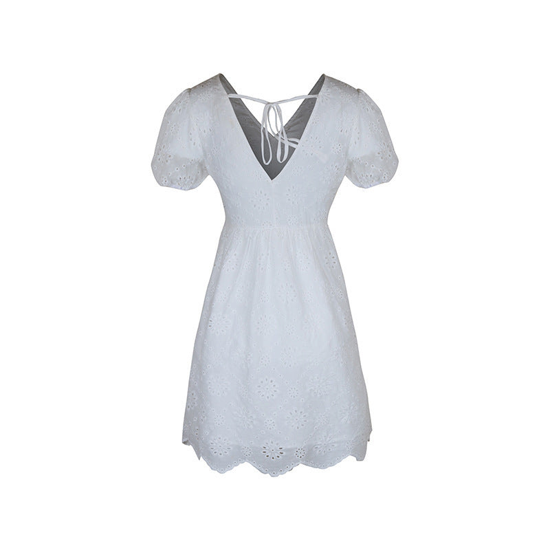 Women's Summer Puff Sleeve Dress with V-Free Neck