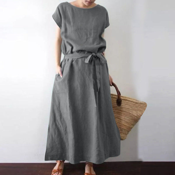 Bohemian Short Sleeve Round Neck Solid Color Cotton Linen Belt Long Dress