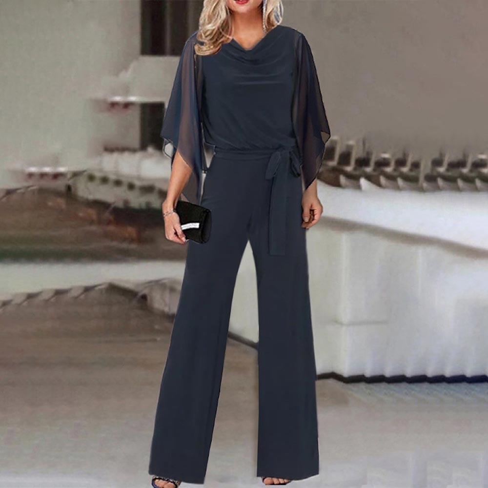 Women's Fashion Solid Color High Waist Lace-Up Casual Jumpsuit with Straight-Leg Pants