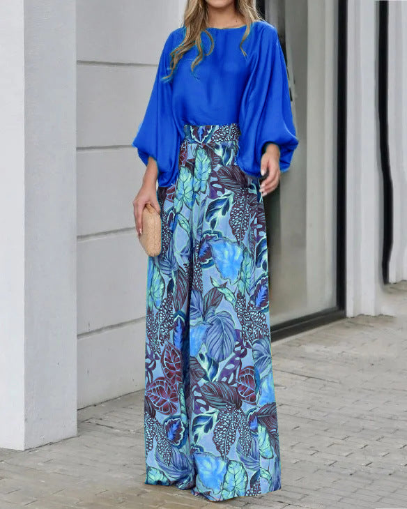 Two-Piece Set for Women Lantern Sleeve Printed Top and Wide Leg Pants