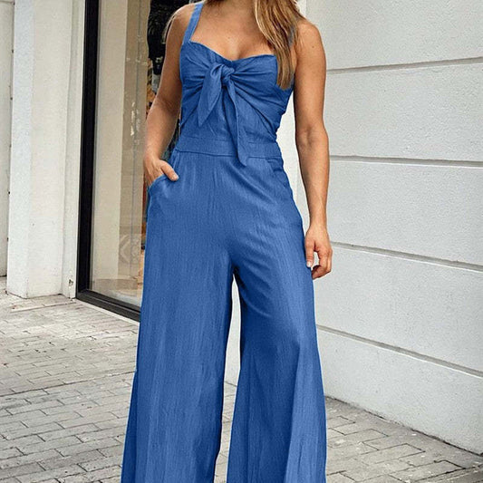 European And American Solid Color Women's Sling Loose Casual Jumpsuit