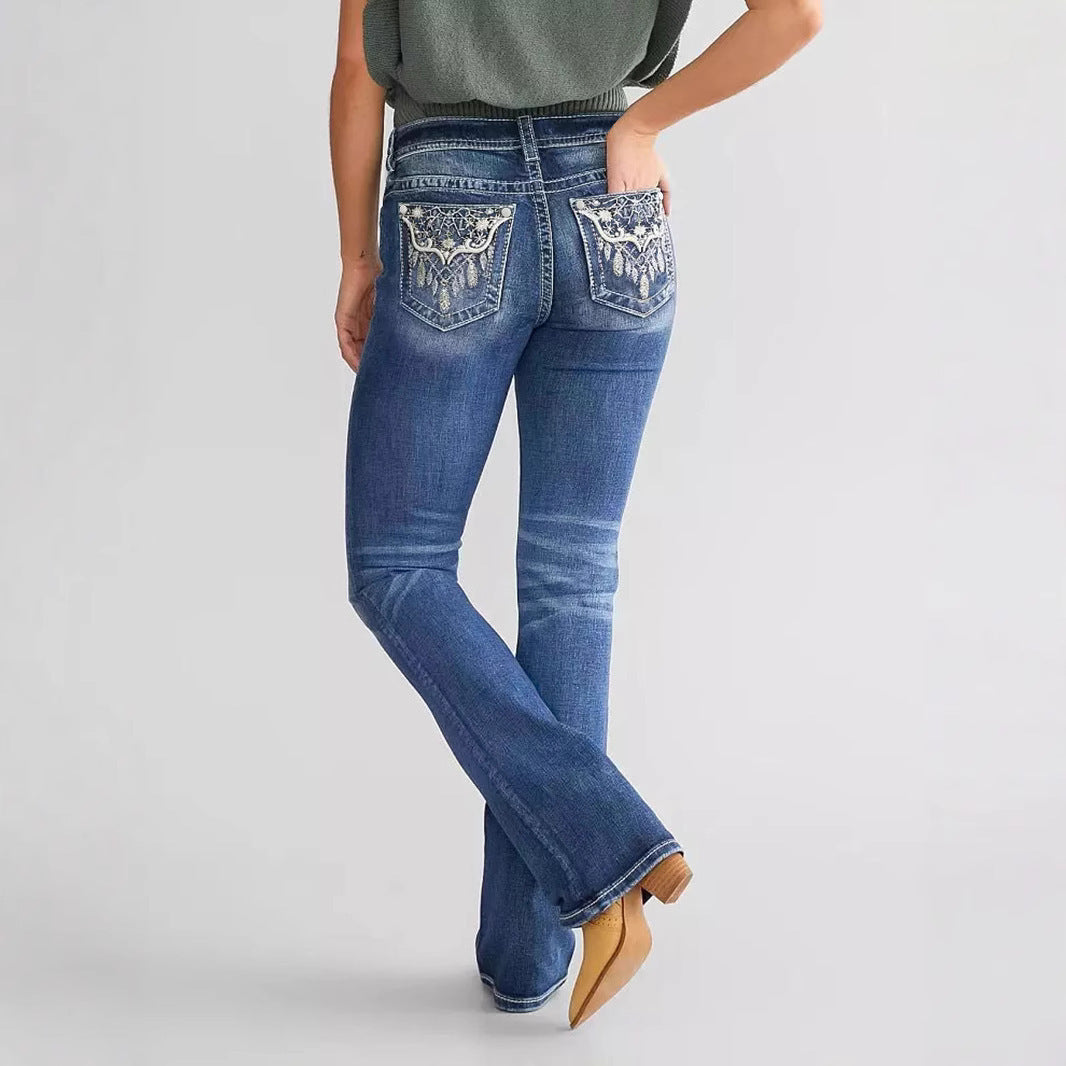 Women's Embroidered Denim Bootcut Trousers - Fashionable and Stylish