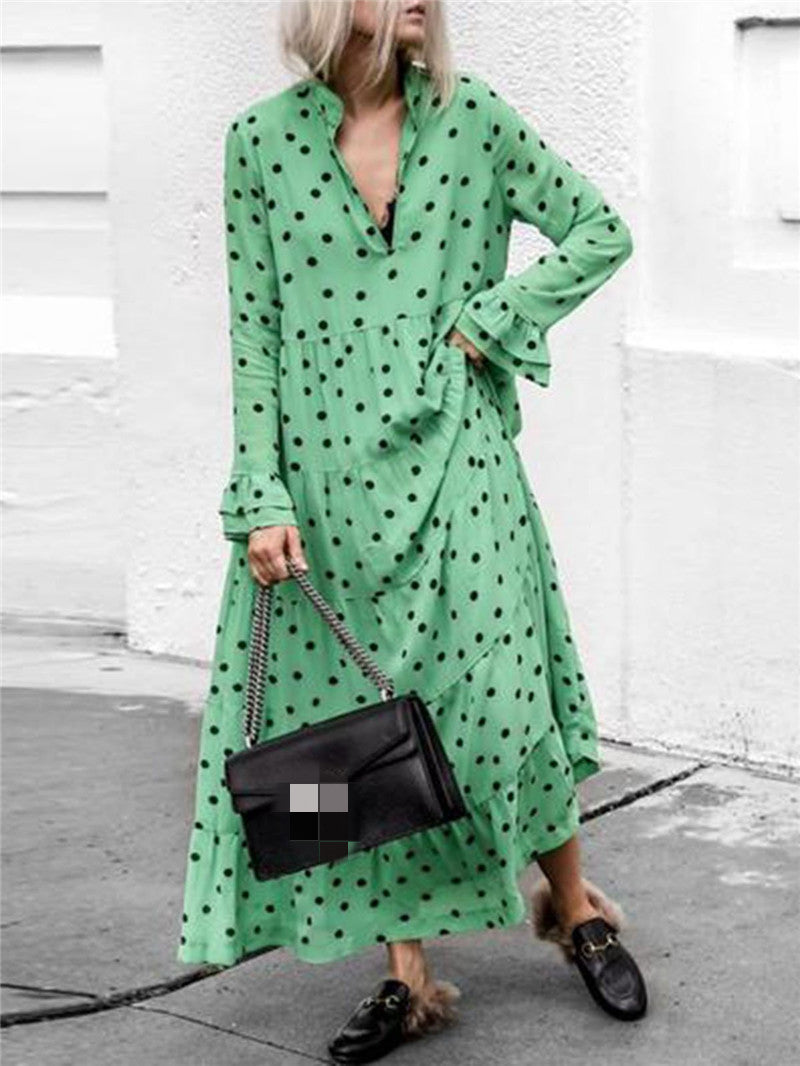 Polka Dot Deep V-Neck Dress with a Flowing Long Skirt