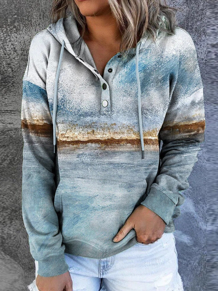 Fashion Casual Trendy Landscape Print Hooded Sweater