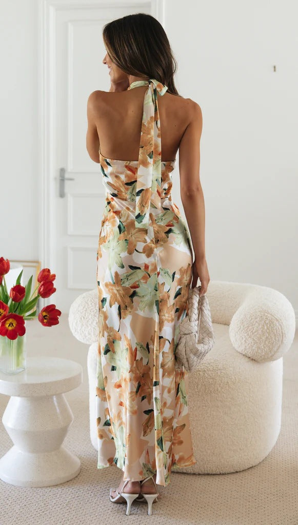 Backless Long Dress with Strap Halter and Lace-Up Detailing