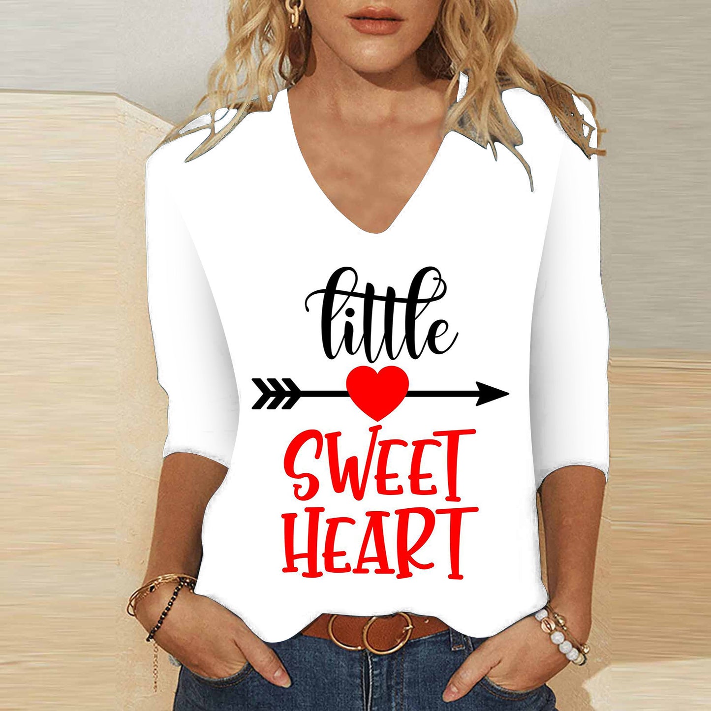 3d Digital Printing Valentine's Day Heart Printing Women's Cute Casual Loose V-neck 34 Sleeves T-shirt