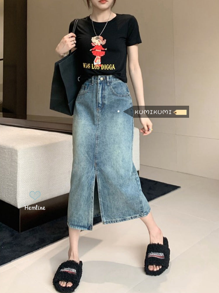 Slit A-line Skirt Denim Skirt Women's Retro High Waist