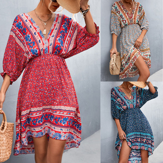 Bohemian V-Neck Irregular Backless Dress with Floral Accents