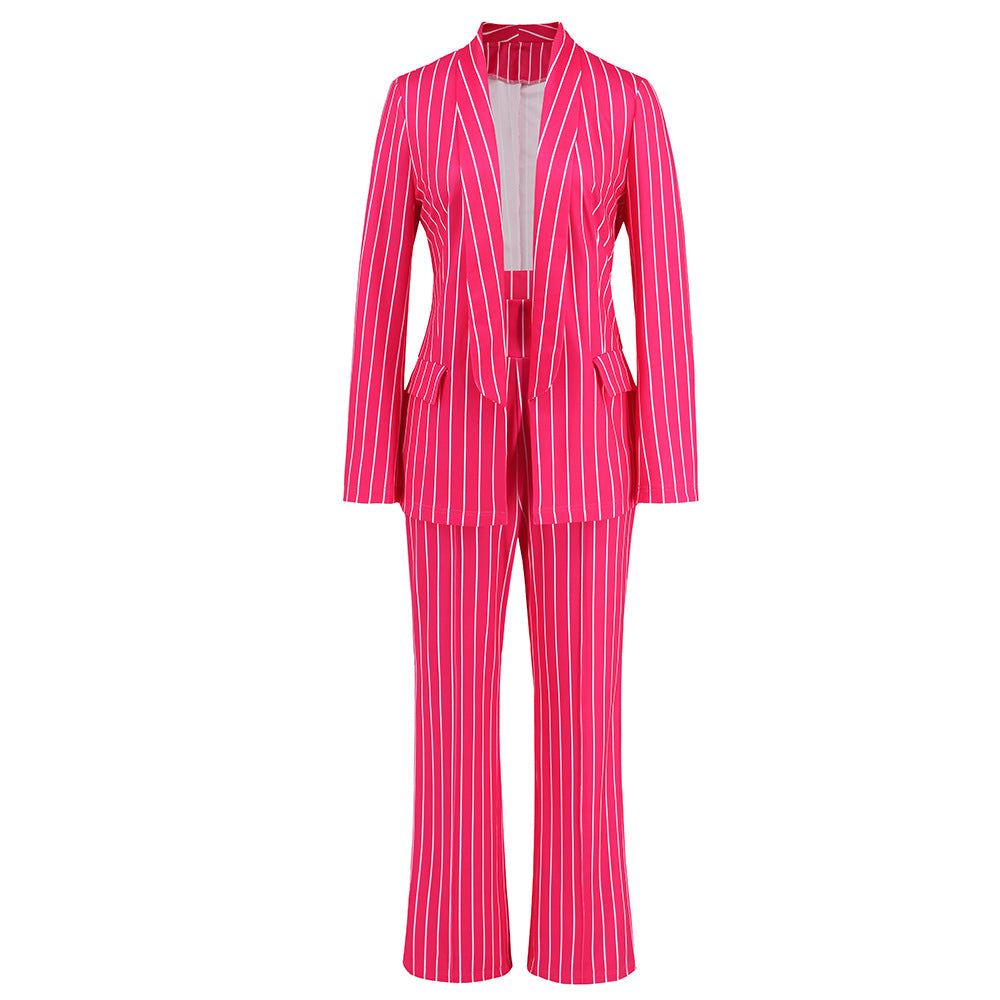 Casual Striped Blazer and Straight-Leg Wide-Leg Pants Suit for Women