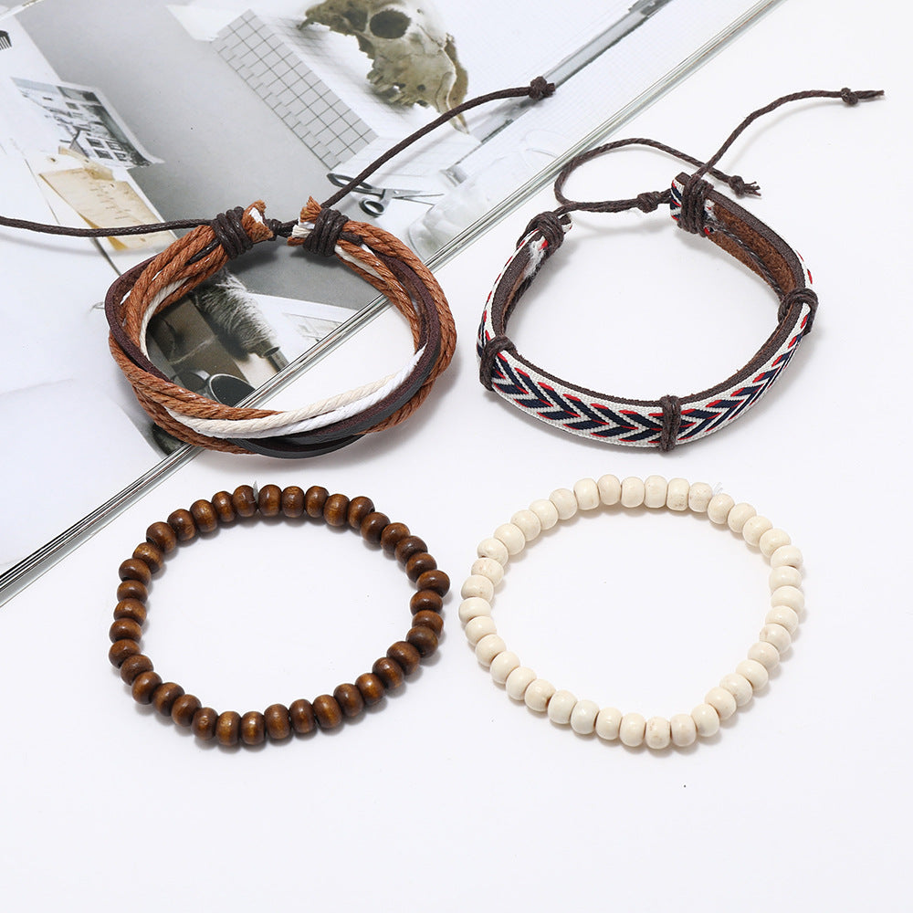 Retro Men's Wooden Bead Leather Rope Woven Beads Bracelet