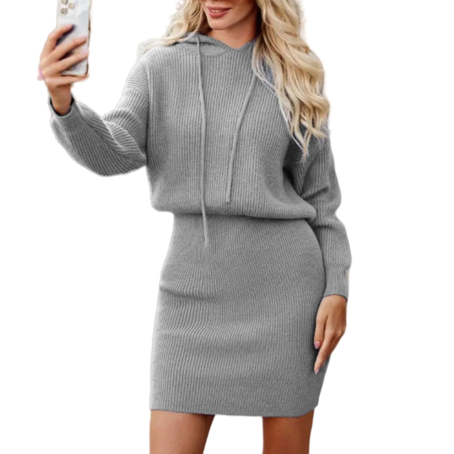 Polyester Casual Dress Solid Color Mid-length Hooded Cinched Waist Pullover Knitted Hip Skirt