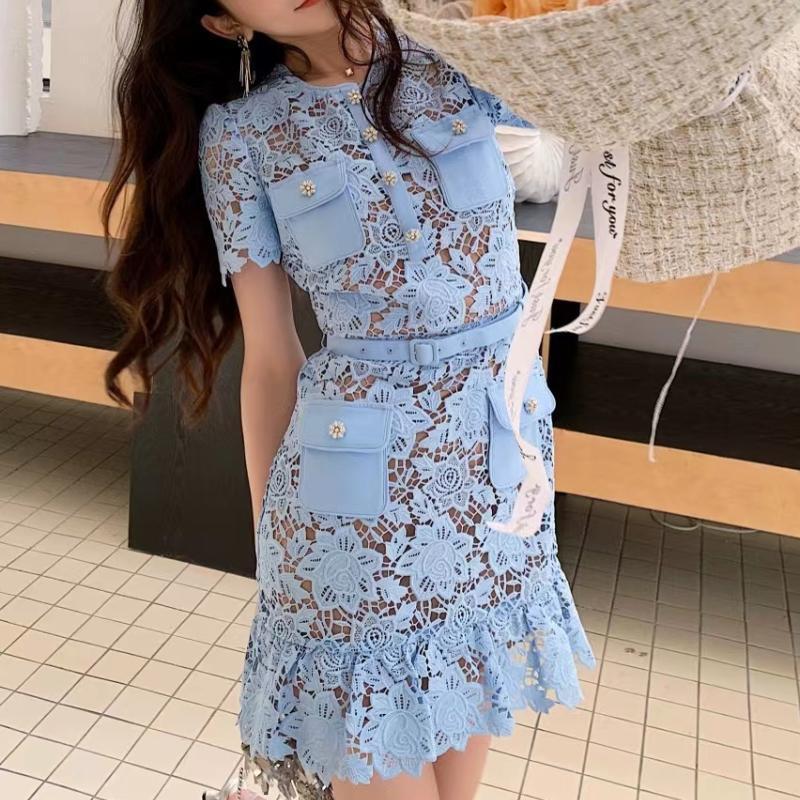 Elegant Light Blue French Socialite Round Neck Lace Short Sleeve Dress