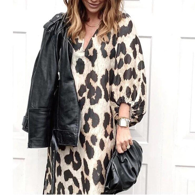 Leopard Print Loose Lantern Sleeve Dress