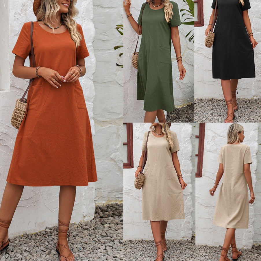 Womens cotton and linen solid color loose round neck short sleeve dress