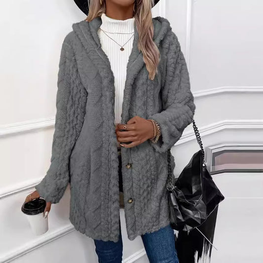 European and American Hooded Solid Color Buttoned Cardigan Long Sleeve Coat