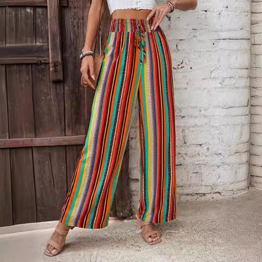 Women's Multi-Color Stripe Casual Pants with Tied Elastic Waist