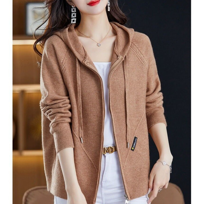 Loose Casual Hooded Sweater Cardigan with Zipper Closure for Stylish Outer Tops