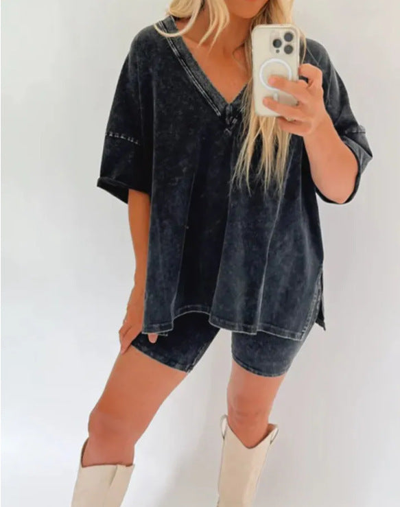 Casual Style Women's V-Neck Denim-like Short-sleeved T-shirt