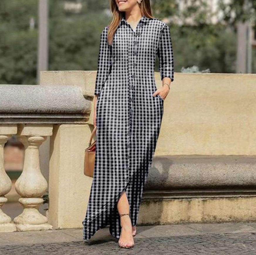 Women's Long Sleeve Plaid Maxi Dress Lapel Collar and Button Dress