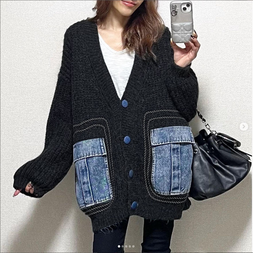 Women's Patchwork Denim Thick Sweater Coat