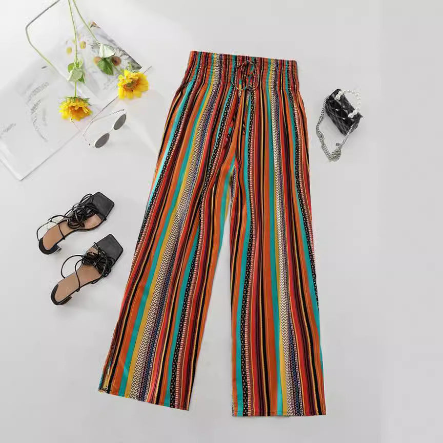 Women's Multi-Color Stripe Casual Pants with Tied Elastic Waist